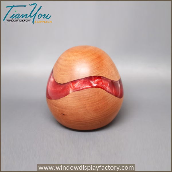 Handmade Wooden Egg Sculpture Colored Red Pearl Resin Embedded