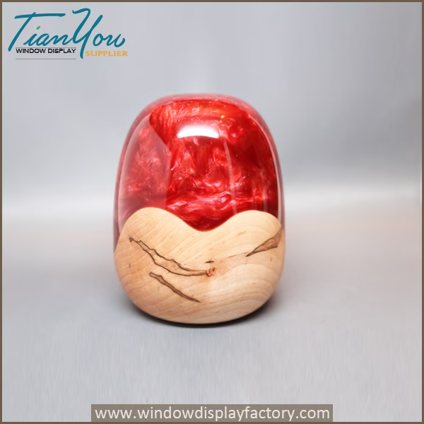 Handmade Wooden Egg Sculpture Colored Red Pearl Resin Embedded