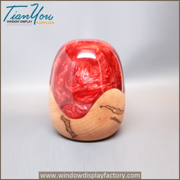 Handmade Wooden Egg Sculpture Colored Red Pearl Resin Embedded