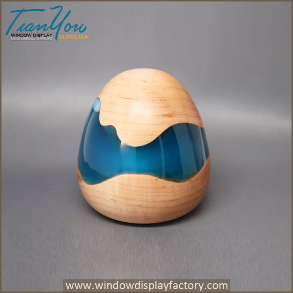 Handmade Wooden Egg Sculpture Colored Red Pearl Resin Embedded