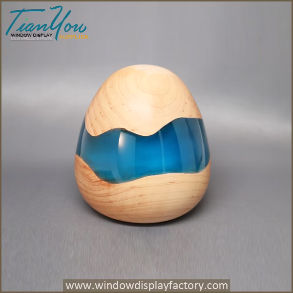 Handmade Wooden Egg Sculpture Colored Red Pearl Resin Embedded